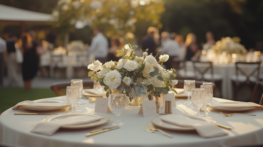 Elegant outdoor wedding reception table with personalized ivory napkins, gold cutlery, and crystal glassware. A floral centerpiece with white roses and greenery enhances the romantic ambiance, while blurred guests socialize in the background.