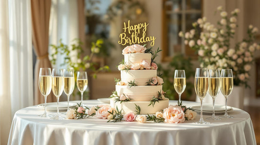 Elegant three-tier white birthday cake with pink flowers, a gold "Happy Birthday" topper, and champagne glasses on a decorated table. Soft lighting and floral décor create a luxurious celebration setting.