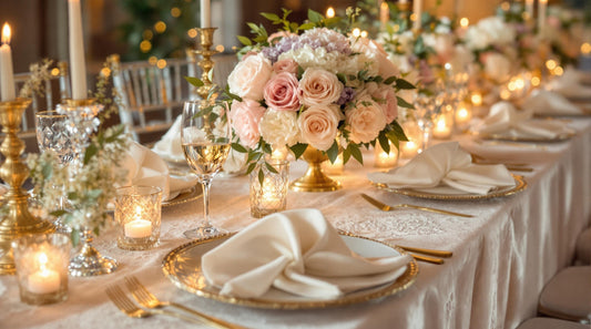 Elegant wedding table with white linen napkins, gold-rimmed plates, candlelight, and floral centerpiece of blush and ivory roses.