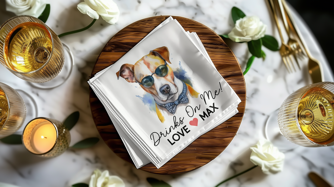 Elegant wedding napkins with a watercolor-style dog illustration, surrounded by gold-rimmed glasses, candles, and white roses on a marble table.